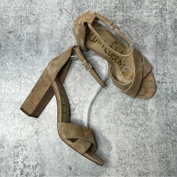 Sam Edelman Yancy Oatmeal Suede Block Heel Sandals - Picture 1 of 7